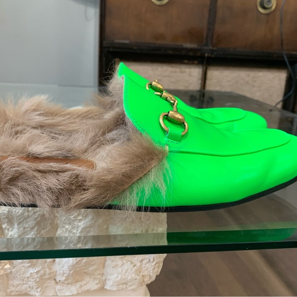Neon green fur lined Gucci slip ons - Picture 3 of 10